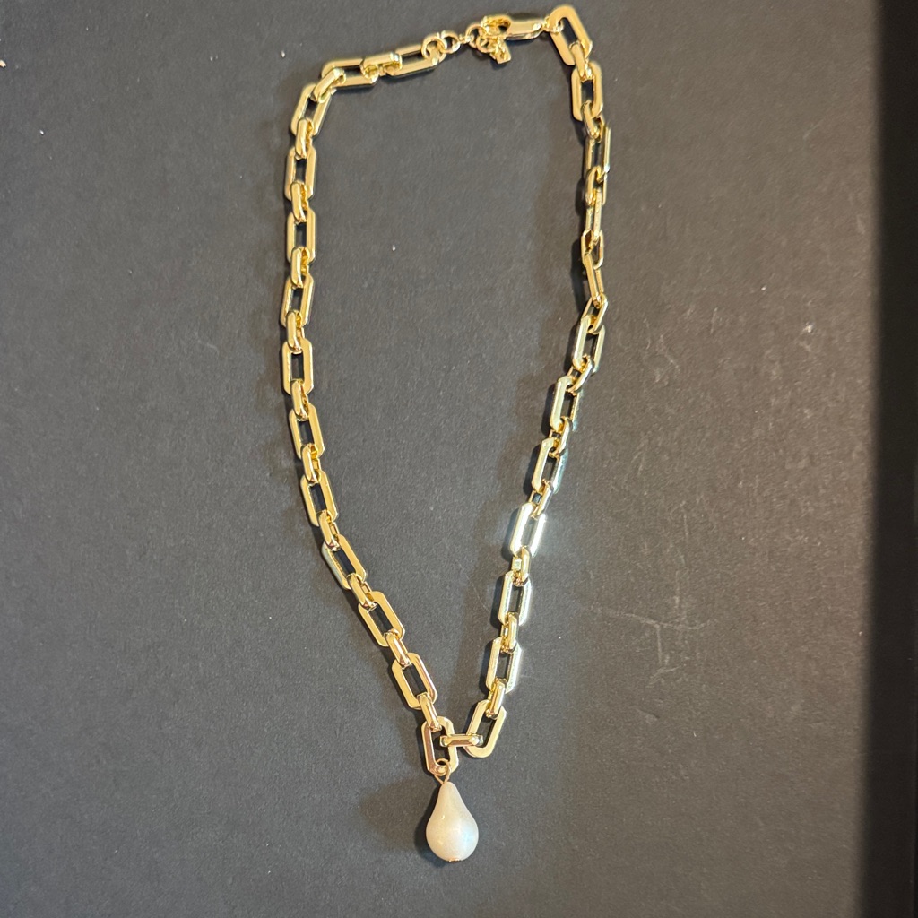 T.J.Maxx Gold-Tone Link Necklace With Cream Teardrop Pendant